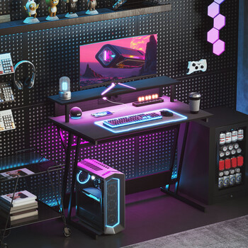 HOMCOM  Γραφείο Gaming με LED Φώτα και Υποστήριξη για Οθόνη, από Μοριοσανίδα και Ατσάλι, 100x60x88.5 εκ., Μαύρο  920-094V90BK