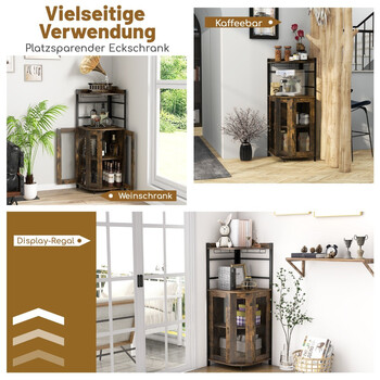 Costway Γωνιακή Μπάρα με Θήκη για Ποτήρια, Μεταλλικές Πόρτες & Ρυθμιζόμενο Ράφι Κάβα Καφέ. JV13096BN