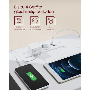 VASAGLE Κομοδίνο 40x35x59cm με Πρίζα και USB Θύρες σε Λευκό Χρώμα LET631W14V1