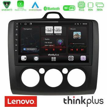 Lenovo Thinkplus Series 4core Android15 2+32gb  Ford Focus Manual ac Navigation Multimedia Tablet 9" (Μαύρο Χρώμα) με Carplay & Android Auto u-sqz-Fd0041mb