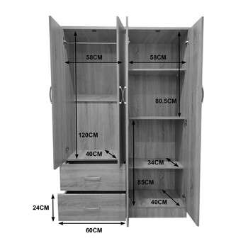 Ντουλάπα τετράφυλλη με 2 συρτάρια Lego pakoworld σε oak απόχρωση 120.5x42x181εκ