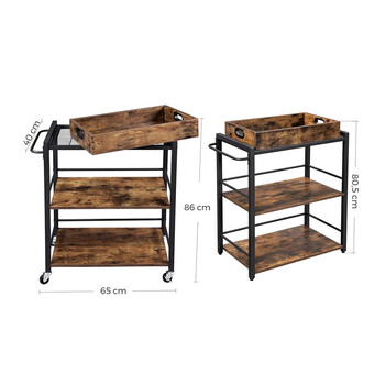 Μεταλλικό Τρόλεϊ Κουζίνας με 3 Ράφια και Αφαιρούμενο Ξύλινο Δίσκο 65 x 40 x 86 cm VASAGLE LRC72X