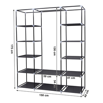Φορητή Υφασμάτινη Ντουλάπα με Μεταλλικό Σκελετό 175 x 150 x 45 cm Χρώματος Μαύρο Songmics LSF03H