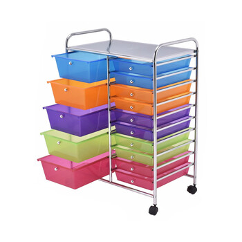 Πολυλειτουργικό Μεταλλικό Τρόλεϊ με 15 Πλαστικά Συρτάρια 62.5 x 37 x 87 cm Πολύχρωμο Costway HW53825RB