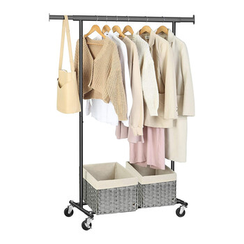 Μεταλλική Κρεμάστρα Ρούχων Δαπέδου Βαρέως Τύπου 92 - 132 x 45.4 x 160 cm με Ρόδες Χρώματος Μαύρο Songmics HSR13BKV1