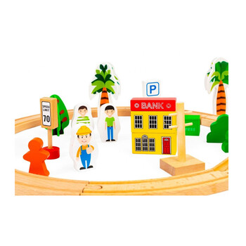 Σετ Ξύλινος Σιδηροδρομικός Σταθμός με Αυτοκινούμενο Τρένο Μπαταρίας 78 τμχ Ecotoys HM008999