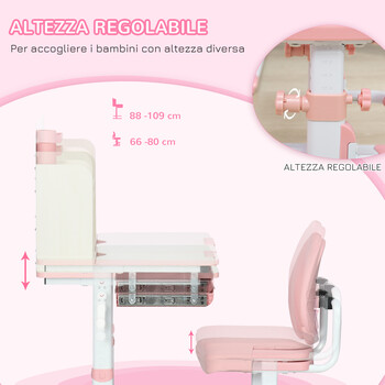 Σετ Σχολικό Μεταλλικό Γραφείο 80 x 52 x 88-109 cm με Καρέκλα 2 τμχ Χρώματος Ροζ HOMCOM 312-088V00PK