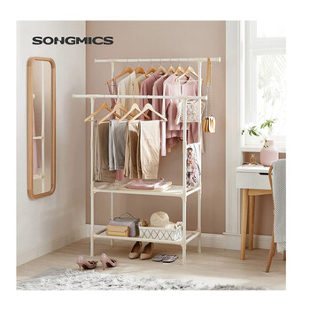 Διπλή Μεταλλική Κρεμάστρα Ρούχων Δαπέδου με 2 Υφασμάτινα Ράφια 114 x 45 x 171 cm Χρώματος Λευκό Songmics RDR02WT