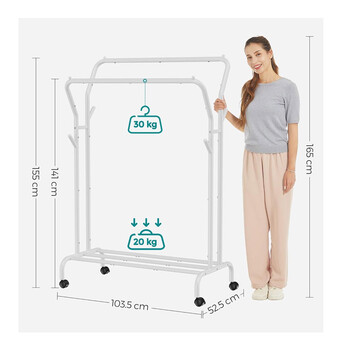 Μεταλλική Διπλή Τροχήλατη Κρεμάστρα Ρούχων Δαπέδου Βαρέως Τύπου 103.5 x 52.5 x 155 cm Χρώματος Λευκό Songmics HSR107W01