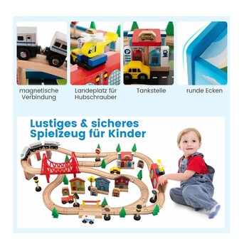 Παιδικό Ξύλινο Τραπέζι Διπλής Όψης με Σιδηρόδρομο 80 τμχ 82.5 x 60 x 40 cm Costway TM10052