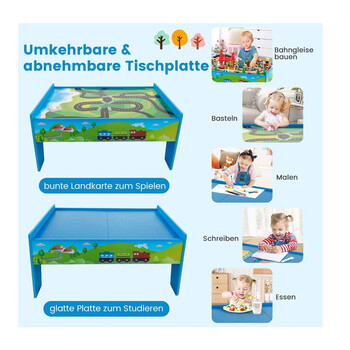 Παιδικό Ξύλινο Τραπέζι Διπλής Όψης με Σιδηρόδρομο 80 τμχ 82.5 x 60 x 40 cm Costway TM10052