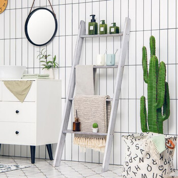 Ξύλινη Ραφιέρα - Σκάλα Τοίχου 50 x 7,5 x 137 cm  Χρώματος Γκρι COSTWAY BA7730GR