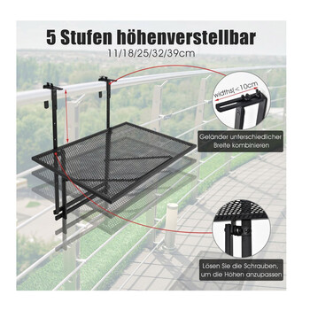 Πτυσσόμενο Σιδερένιο Κρεμαστό Τραπέζι Μπαλκονιού 60.5 x 48 x 61.5-82.5 cm Costway HW67242