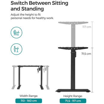 SONGMICS Ηλεκτρικό Πλαίσιο Γραφείου Ρυθμιζόμενο σε Ύψος με Λειτουργία Μνήμης, Κατασκευή από Ατσάλι, Μαύρο, 70-120 εκ., LPC51B 