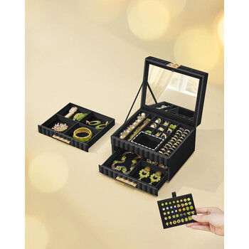 Κοσμηματοθήκη 3 Επιπέδων με Καθρέφτη 21,5 x 24 x 15,8 cm Μαύρο SONGMICS JBC183B01