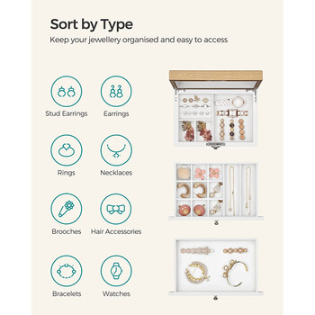 SONGMICS Ξύλινη Μπιζουτιέρα - Κοσμηματοθήκη 3 Επιπέδων με Κλειδαριά και Καθρέφτη 17 x 25 x 15 cm, Λευκό JOW15WNV1&nbsp