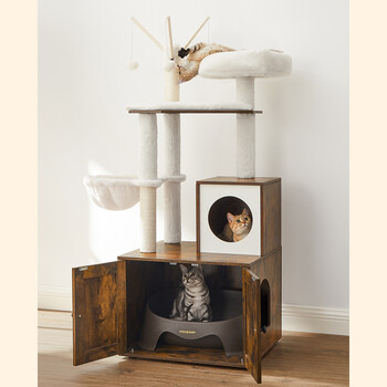 Δέντρο Γάτας - Ονυχοδρόμιο 2 σε 1 με Ενσωματωμένο Ξύλινο Ντουλάπι για Δίσκο Άμμου, Καφέ Μπεζ, PCT113X01 Feandrea