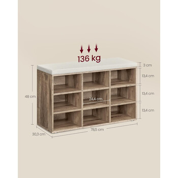 Πάγκος Παπουτσιών VASAGLE με Κάθισμα και Ράφια, Καφέ 30.3x78.5x48 εκ.&nbsp