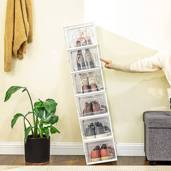 SONGMICS Σετ 8 τμχ Πλαστικά Κουτιά Αποθήκευσης Παπουτσιών Αναδιπλούμενα, Μέγεθος έως 11.5 UK, Διαφανή - Λευκό, LSP08MWT 