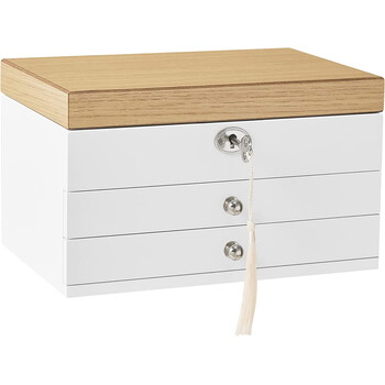 SONGMICS Ξύλινη Μπιζουτιέρα - Κοσμηματοθήκη 3 Επιπέδων με Κλειδαριά και Καθρέφτη 17 x 25 x 15 cm, Λευκό JOW15WNV1&nbsp