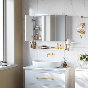 VASAGLE Φωτιζόμενο ΝτουλάπιΜπάνιου με Καθρέφτη, Ρυθμιζόμενα Ράφια και Διπλές Πόρτες,Λευκό-Χρυσό BBK124A10  