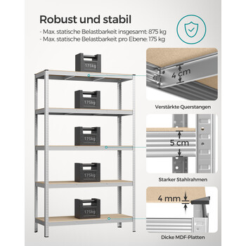 SONGMICS Βαρέως Τύπου Ραφιέρα 5 Επιπέδων από Ατσάλι, Κομψό Ασημί Φινίρισμα, 60 x 120 x 200 εκ., GLR060E01 