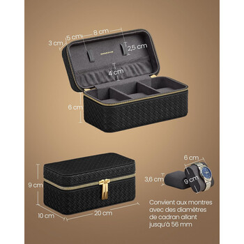 Φορητή Θήκη Ρολογιών με Φερμουάρ 3 Θέσεων  10 x 20 x 9 cm Μαύρο με Γκρι JWB017G01 Songmics