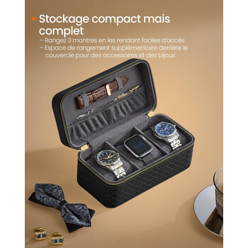Φορητή Θήκη Ρολογιών με Φερμουάρ 3 Θέσεων  10 x 20 x 9 cm Μαύρο με Γκρι JWB017G01 Songmics
