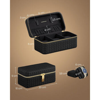 Φορητή Θήκη Ρολογιών με Φερμουάρ 3 Θέσεων  10 x 20 x 9 cm Μαύρο JWB017B01 Songmics