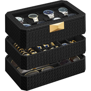 Κουτί Ρολογιών 8 Θέσεων 3 Επίπεδα 16.3 x 27.3 x 20.5 cm Μαύρο JWB021B01 Songmics