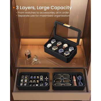 Κουτί Ρολογιών 8 Θέσεων 3 Επίπεδα 16.3 x 27.3 x 20.5 cm Μαύρο JWB021B01 Songmics