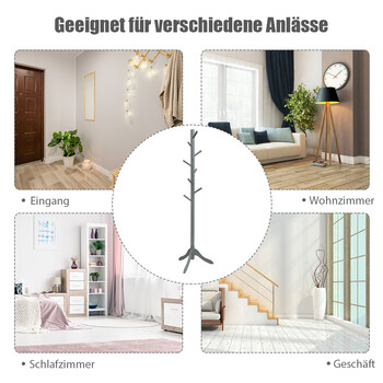 Costway Κρεμάστρα με 8 γάντζους, ξύλινη ρυθμιζόμενη σε ύψος 175 cm, γκρι. HW65612GR