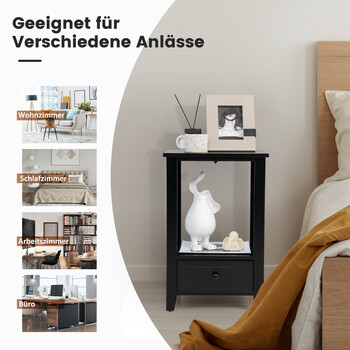 Costway κομοδίνο 2 επιπέδων με συρτάρι, βοηθητικό τραπέζι ξύλινο 40 x 30 x 61,5cm μαύρο HW66696BK