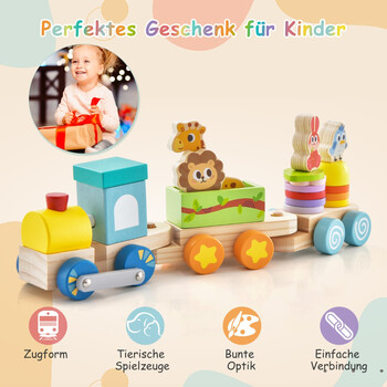 Costway  Σετ Ξύλινου Τρένου με Ζωάκια και Πολύχρωμα Τουβλάκια για Παιδιά TM10074