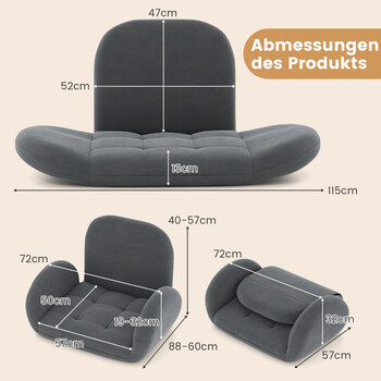 Costway  Πτυσσόμενη Καρέκλα Δαπέδου με Ρυθμιζόμενη Πλάτη και Βραχίονες από Σουέτ για Άνεση και Στυλ HV10541GR