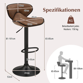 Costway Σετ 2 Μπαρ Σκαμπό με Περιστροφή 360° και Ρυθμιζόμενο Ύψος JV11507DK-2