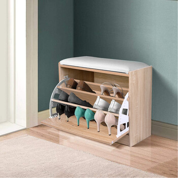 BAKAJI  Παπουτσοθήκη Πάγκος 1 Πόρτα Τριπλή Βάθος με Κάθισμα Οικολογικό Δέρμα Δρυς 60x30x48εκ  02840937