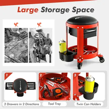 Τροχήλατο Σκαμπό Εργασίας - Συνεργείου με Μαξιλαράκι & Συρτάρια 41 x 43 cm  Μαύρο - Κόκκινο AUl0008 Costway