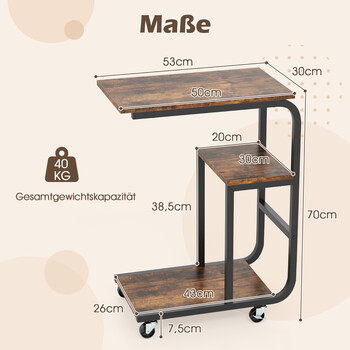 Costway  Γωνιακό βοηθητικό τραπέζι με ανοιχτά ράφια & τροχούς με φρένα, εξοικονόμηση χώρου, 50 εκ.x 30 εκ.x 60 εκ. JV12140CF