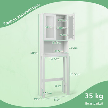 Costway  Ελεύθερη ντουλάπα μπάνιου ράφι τουαλέτας πάνω από την τουαλέτα 58 x 19 x 170 cm Λευκό BA7861WH