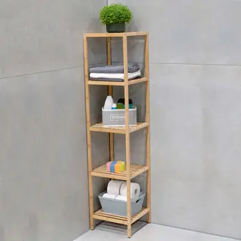 Στήλη-Ραφιέρα Μπάνιου από Μπαμπού με 5 Ράφια – 32 x 33 x 141 cm Φυσικό Ξύλο 02838914 Alpina