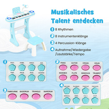 Costway  Παιδικό Ηλεκτρικό Πληκτρολόγιο 37 Πλήκτρων με Φως και Λειτουργία Εγγραφής & Αναπαραγωγής - Μπλε 48 x 23 x 6 εκ. TM10115BL