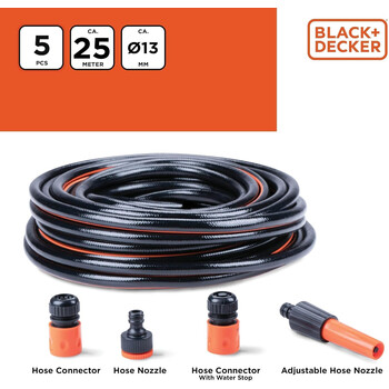 Λάστιχο Κήπου 25m με Σετ 5 Συνδέσμων & Ρυθμιζόμενο Εκτοξευτήρα – 13mm / 1/2'' Μαύρο 02839449 Black & Decker