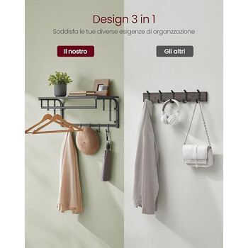 VASAGLE Κρεμάστρα Τοίχου με Ράφι, Ράβδο και Γάντζους σε Γκριζομαύρο Χρώμα 66x30x27 εκ. LCR012B13