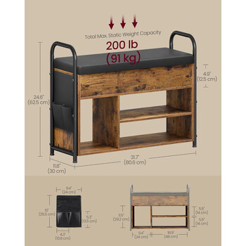 VASAGLE Πάγκος Παπουτσιών με Αποθηκευτικό Χώρο και Πλαϊνές Τσέπες 80.6x30x62.5εκ LSB052K01