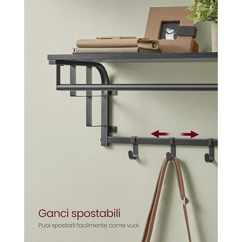 VASAGLE Κρεμάστρα Τοίχου με Ράφι, Ράβδο και Γάντζους σε Γκριζομαύρο Χρώμα 66x30x27 εκ. LCR012B13