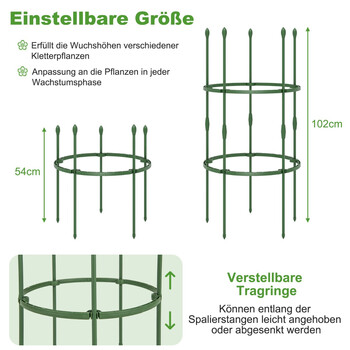 Costway Σετ 3 Τεμαχίων Υποστήριξης Ντομάτας με Ρυθμιζόμενο Ύψος & 2 Δαχτυλίδια, 102 εκ. Ύψος GT4169GN