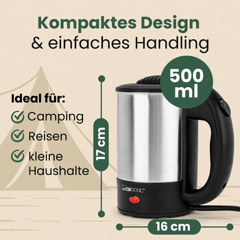 Βραστήρας Ταξιδίου από Ανοξείδωτο Ατσάλι 0.5L 1000 W- Μαύρο/Ασημί WKR3624 Clatronic