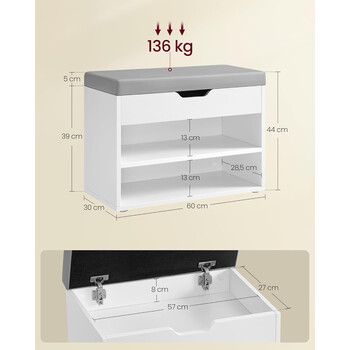 VASAGLE Λευκός Πάγκος Παπουτσιών με Αποθηκευτικό Χώρο 60x30x44 εκ. LHS020W01