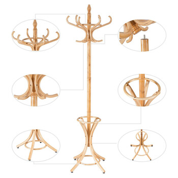 Costway Ξύλινη Κρεμάστρα Ρούχων με Θέση για Ομπρέλες και 12 Γάντζους HW55588OA